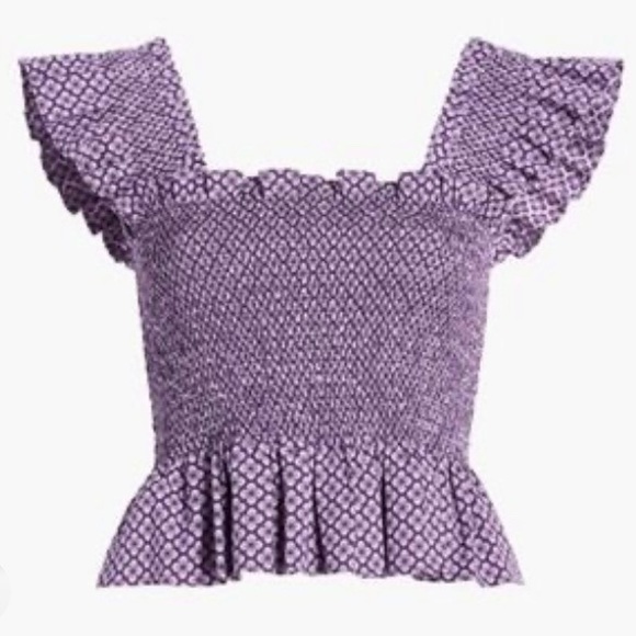Hill House Paz Purple Crop Top Smocked Shirred Sheersucker - Picture 2 of 3